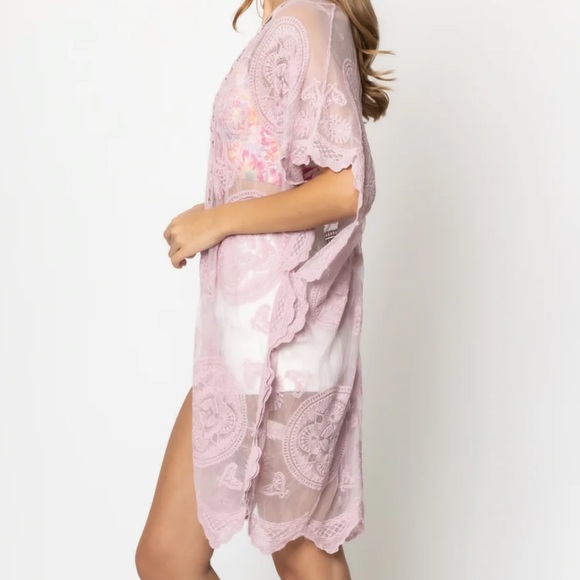 33. Women’s Lace Kimono Blue Tie Front Long Swim Cover Loungewear - Picture 3 of 3